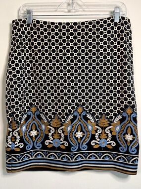 J. McLaughlin Bees Nest Embroidered Floral Blue Tan Pencil Skirt Women’s Size 10